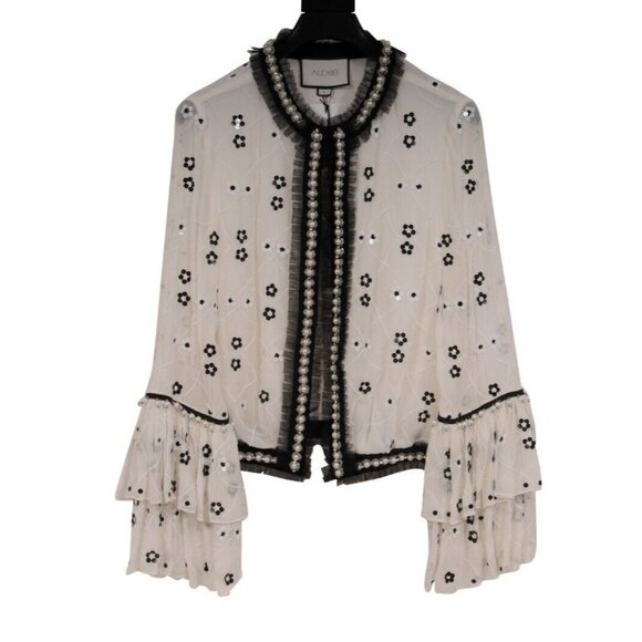 Alexis Women Celestia Beaded Sequence Top Large White Black Blouse Ruffle Fringe - Picture 1 of 12
